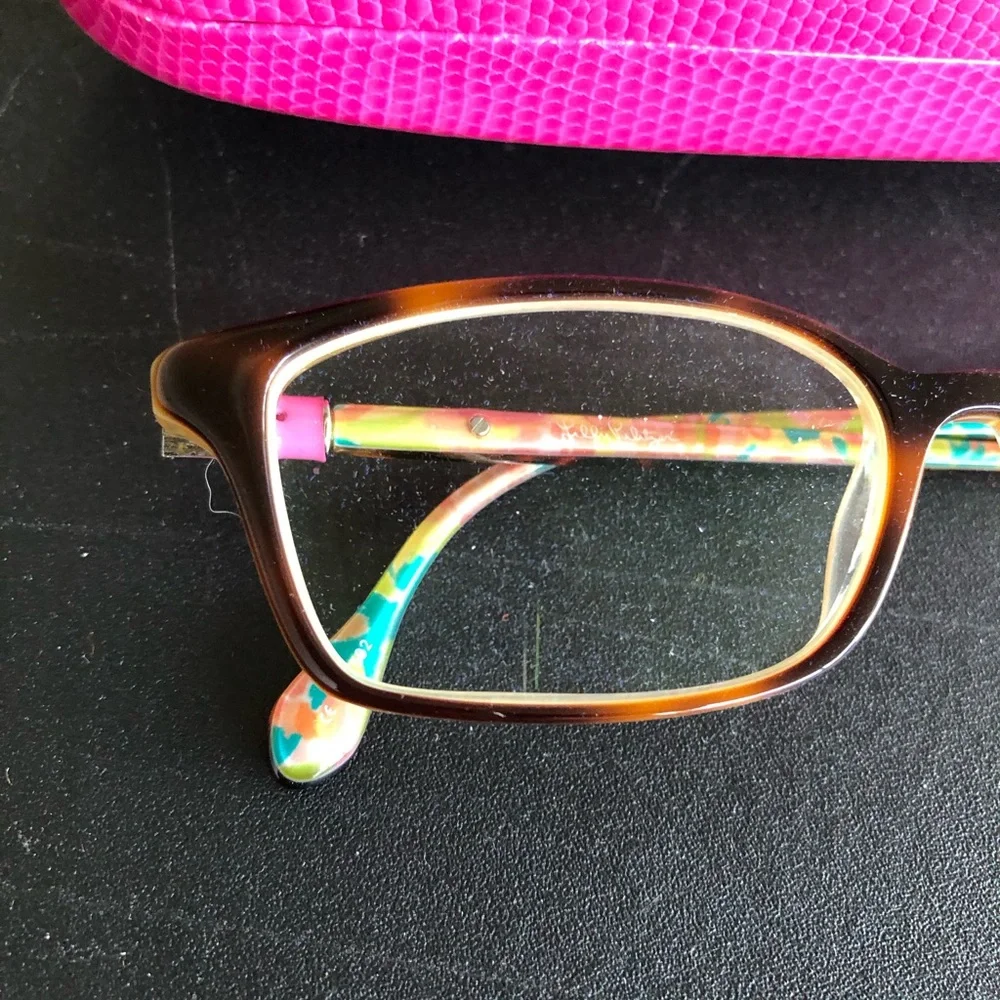 Prescription Lilly Pulitzer brown and pink eyeglass frames with matching case